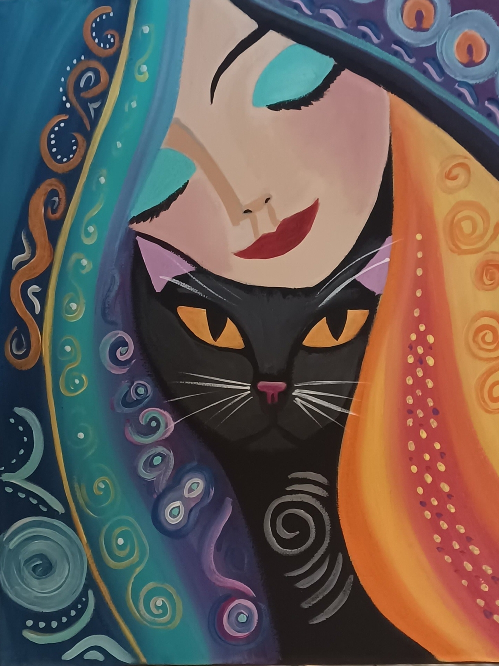 Decorative Home Acrylic Painting On Canvas - Woman with Black Cat in Teal